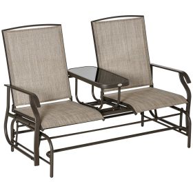 Outdoor Glider Bench with Center Table, Metal Frame Patio Loveseat with Breathable Mesh Fabric and Armrests for Backyard Garden Porch, Brown