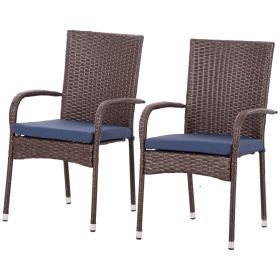 Stackable PE Rattan Outdoor Dining Chairs with Cushion, Patio Wicker Dining Chair with Armrests & Backrest, Blue
