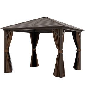 10' x 10' Hardtop Gazebo Canopy, Permanent Pavilion with Hook, Curtains, Aluminum Frame for Patio, Garden, Dark Brown