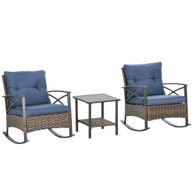 3 Piece Rocking Patio Wicker Set, Outdoor Rocking Chairs, Patio Coffee Set for Garden, Family Use, Dark Blue