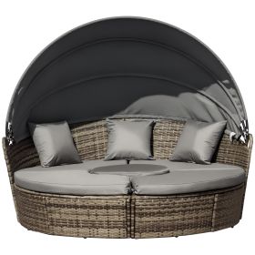 4-Piece Round Convertible Daybed with Cushions, Outdoor PE Rattan Patio Wicker Sofa Set, Sunbed with Adjustable Sun Canopy, Sectional Sofa, 2 Ch (Option: Dark Gray-1170x320x610 mm)