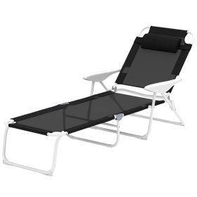 Folding Chaise Lounge, Outdoor Sun Tanning Chair, 4-Position Reclining Back, Armrests, Removable Pillow, Black (Option: Black-895x150x660 mm)