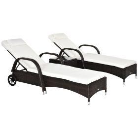 Wicker Outdoor Chaise Lounge Chair Set of 3 with Side Table, 5-Level Adjustable Backrest PE Rattan Pool Lounge Chair with Wheels, Cushion & Head (Option: Brown, Cream White-1230x530x290 mm)