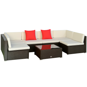 7 Piece Outdoor Patio Furniture Set, PE Rattan Wicker Sectional Sofa Set with Couch Cushions, Throw Pillows and Coffee Table, Orange, Cream (Option: Cream White-680x750x380 mm)
