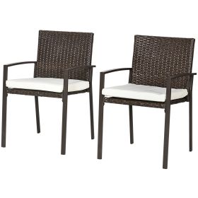 PE Rattan Outdoor Dining Chair Set with Cushion, 2 Patio Wicker Dining Chairs with Backrest, Cream White (Option: Cream White-650x560x230 mm)