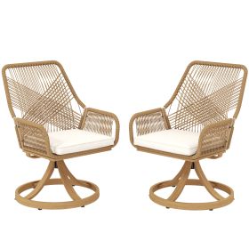 Patio Swivel Chairs Set of 2, Rattan Patio Dining Chairs with Soft Cushions for Backyard, Lawn, Porch, or Garden, Khaki (Option: Khaki-700x620x520 mm)
