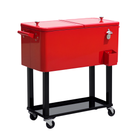 80 QT Rolling Cooling Bins Ice Chest on Wheels Outdoor Stand Up Drink Cooler Cart for Party, Red (Option: Red-850x460x400 mm)