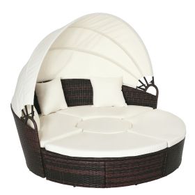 4-Piece Round Convertible Daybed with Cushions, Outdoor PE Rattan Patio Wicker Sofa Set, Sunbed with Adjustable Sun Canopy, Sectional Sofa, 2 Ch (Option: Cream White-1170x320x610 mm)