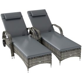 2 Reclining Chaise Lounge Chairs, Rolling Outdoor Chairs with Cushion, Pillow, Headrest, Armrests, and Wheels, Gray (Option: Mixed Gray, Gray-1190x580x395 mm)